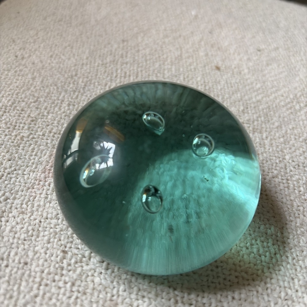 Vintage MidCentury Aqua Art Glass Paperweight Controlled Bubble Flat Ground Base